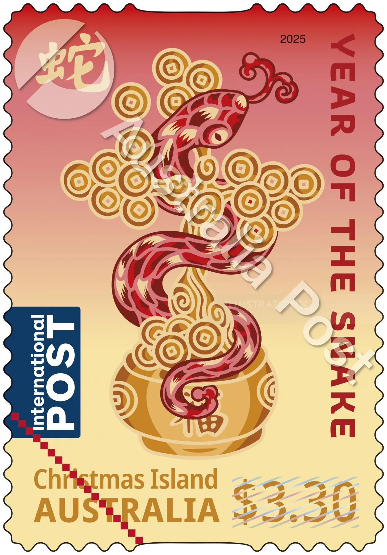 2025 Australia Year of the Snake postage stamp with red snake and gold coins