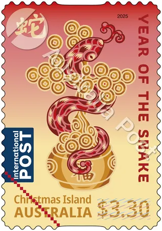 2025 Australia Year of the Snake postage stamp with red snake and gold coins