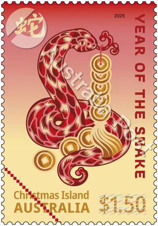 Red and gold snake illustration on 2025 Christmas Island stamp