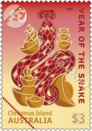 Red snake surrounded by gold coins on a Year of the Snake stamp