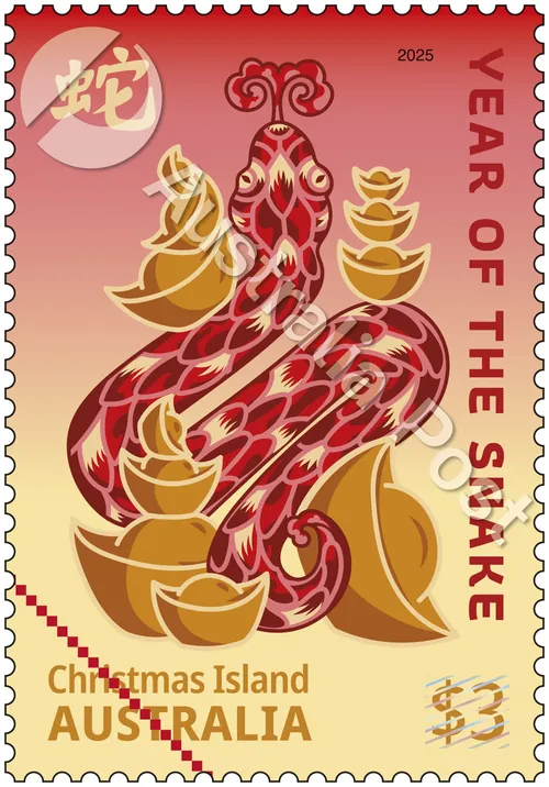 Red snake surrounded by gold coins on a Year of the Snake stamp