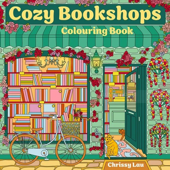 Cozy bookshop exterior with books, bicycle, flowers, and a cat sitting