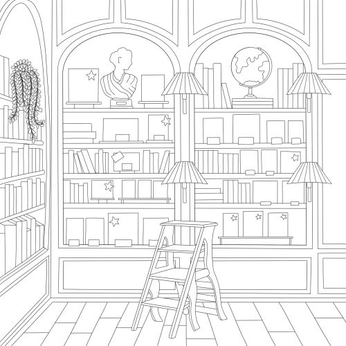 Black and white line drawing of a home library with ladder and bookshelves