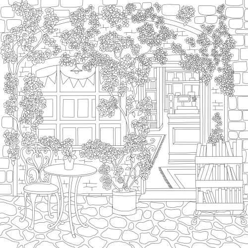 Outdoor café with table, chair, plants, and a window showing inside details