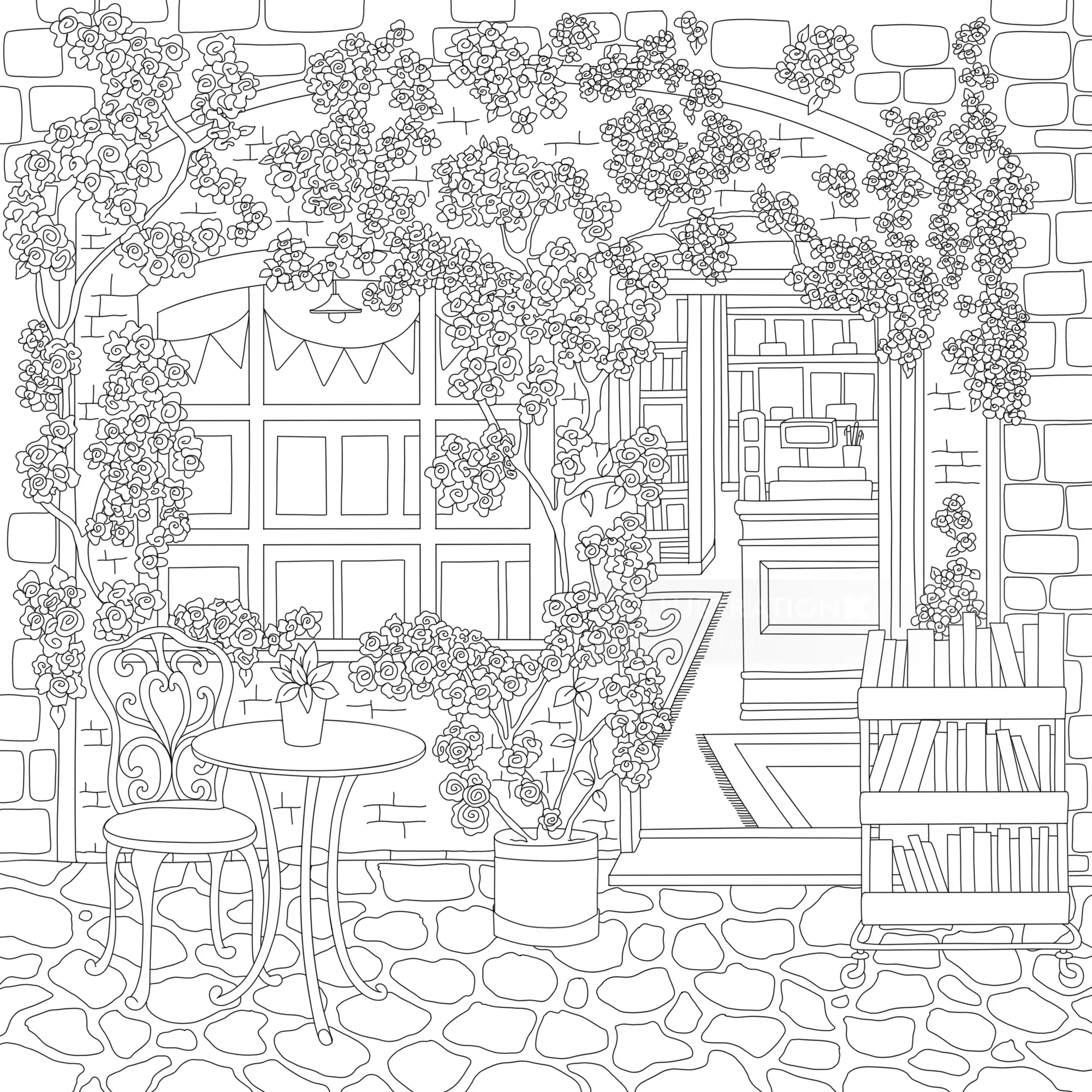 Outdoor café with table, chair, plants, and a window showing inside details
