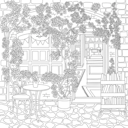 Outdoor café with table, chair, plants, and a window showing inside details