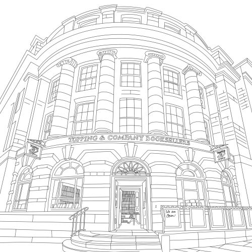 Line drawing of Tipping & Company Bookshop facade with columns and entrance