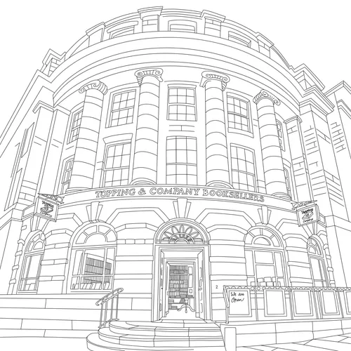 Line drawing of Tipping & Company Bookshop facade with columns and entrance