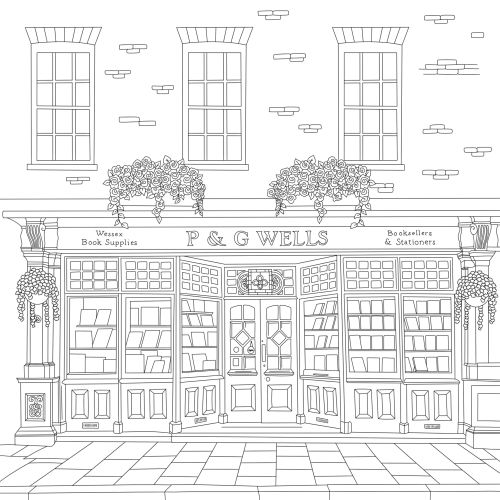 Line drawing of vintage bookstore exterior with windows and flowers