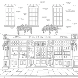 Line drawing of vintage bookstore exterior with windows and flowers