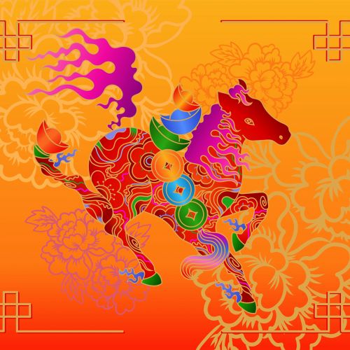 Bright, colorful horse with coins leaps, orange floral background by Chrissy Lau