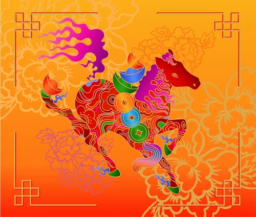 Bright, colorful horse with coins leaps, orange floral background by Chrissy Lau