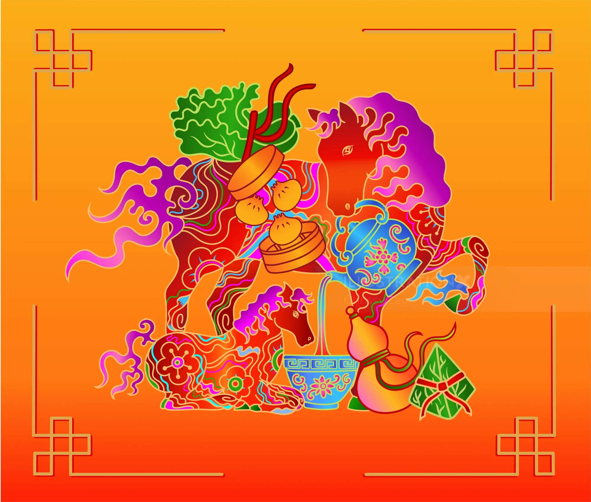 Colorful Chinese New Year lion dance with traditional decorations by Chrissy Lau