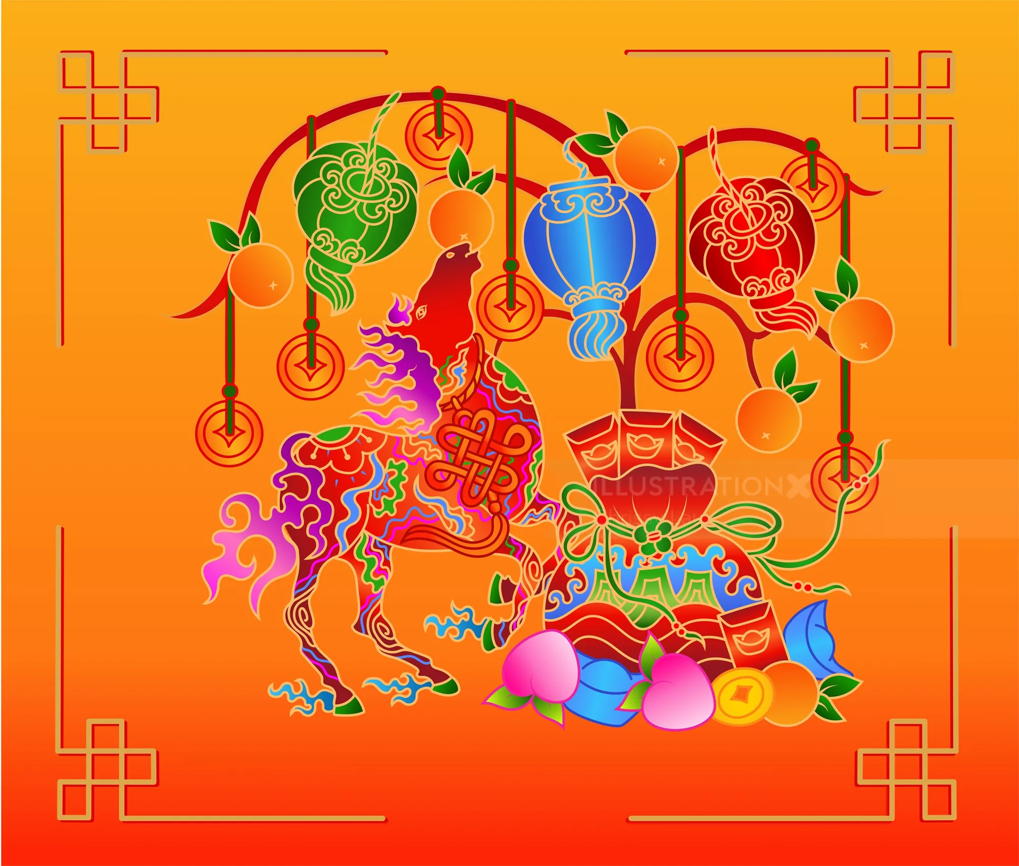Colorful Chinese zodiac horse with lanterns and fruit by Chrissy Lau