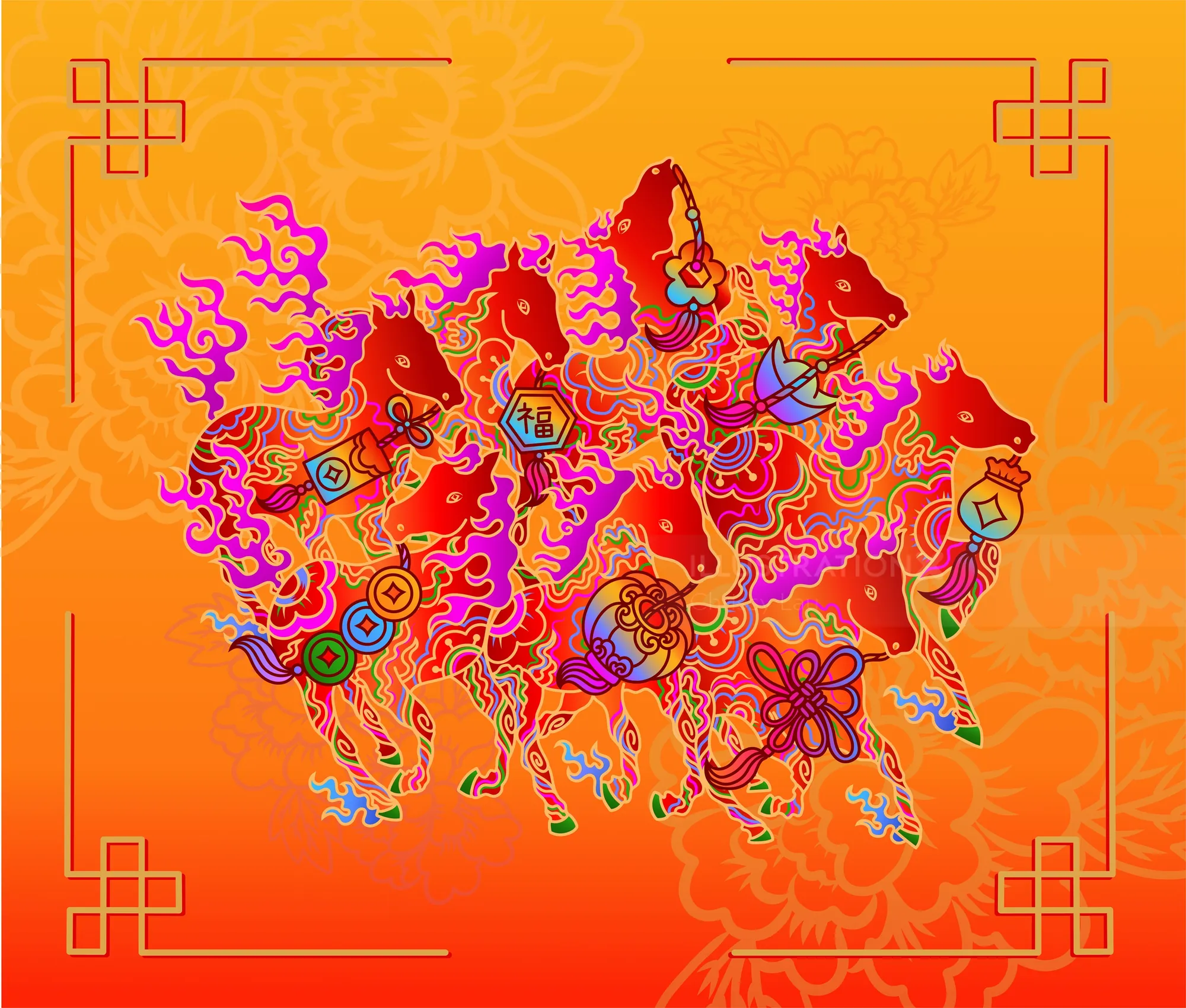 Colorful artwork of eight horses with vibrant patterns by Chrissy Lau