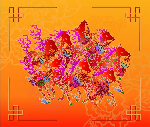 Colorful artwork of eight horses with vibrant patterns by Chrissy Lau