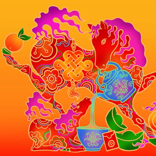 Colorful Chinese-inspired festive illustration by Chrissy Lau with flowers, fruit, teaware, and a my