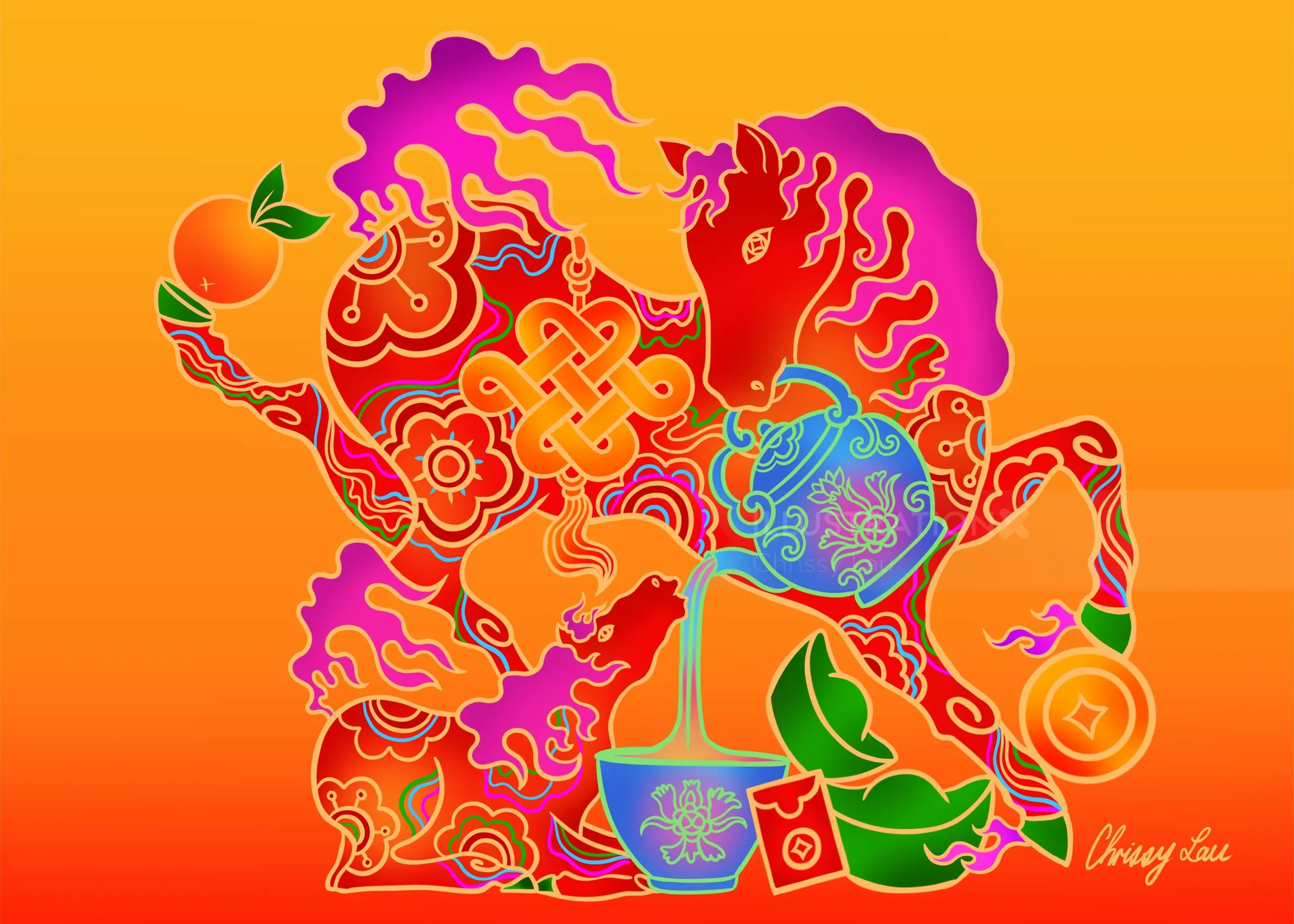 Ilustração festiva colorida de inspiração chinesa por Chrissy Lau com flores, frutas, utensílios de chá e um meu