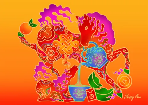 Farbenfrohe, chinesisch inspirierte Festtagsillustration von Chrissy Lau mit Blumen, Früchten, Teegeschirr und einem My