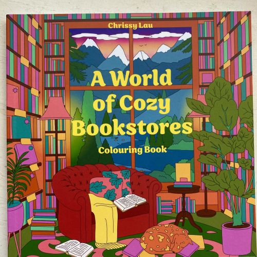 Chrissy Lau's colorful A World of Cozy Bookstores coloring book spread