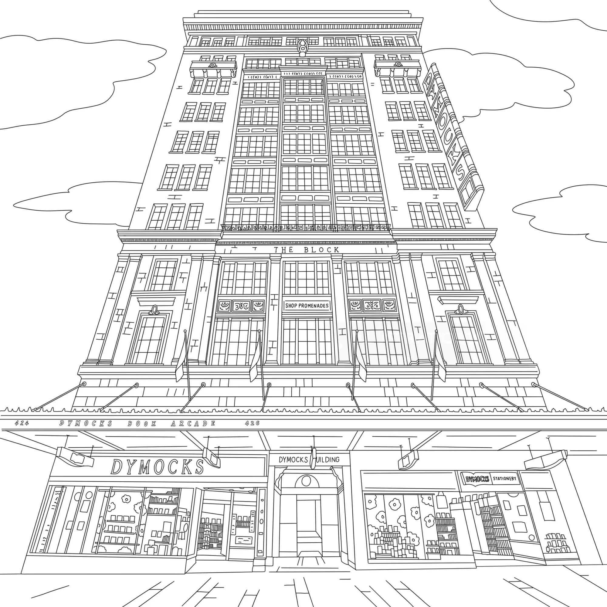 Chrissy Lau Strichzeichnung der Fassade des Dymocks-Buchhandlungsgebäudes