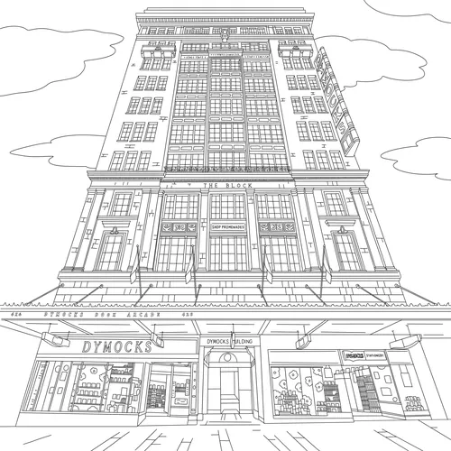 Chrissy Lau Strichzeichnung der Fassade des Dymocks-Buchhandlungsgebäudes