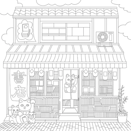Chrissy Lau Illustration einer chinesischen Buchhandlung mit Bücherregalen, Katzen, Pflanzen und gefliestem Boden