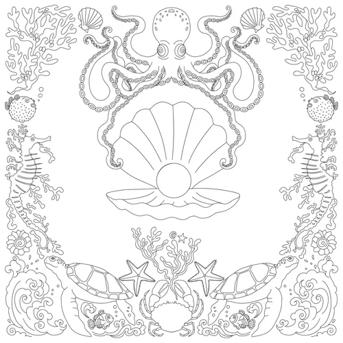 Chrissy Lau Ozeanillustration mit Oktopus, Muscheln, Korallen, Schildkröten und Seesternen