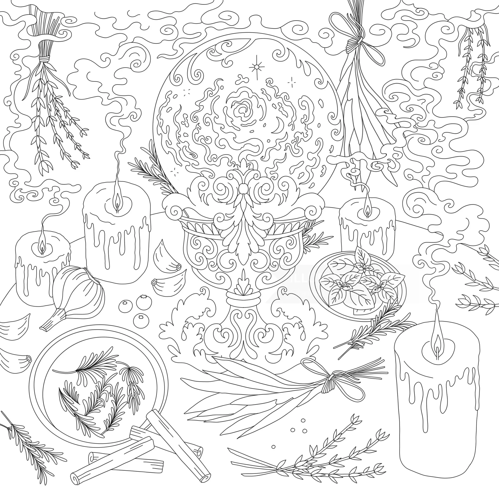 Chrissy Lau Illustration einer verzierten Kristallkugel, Kerzen, Kräutern, Blumen und Wolken