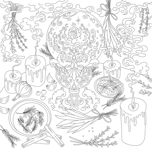 Chrissy Lau Illustration einer verzierten Kristallkugel, Kerzen, Kräutern, Blumen und Wolken