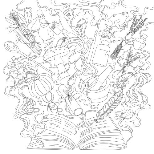 Chrissy Lau illustration of an open book surrounded by plants, mushrooms, and magical objects