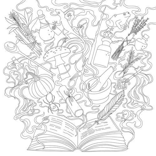 Chrissy Lau Illustration eines offenen Buches, umgeben von Pflanzen, Pilzen und magischen Gegenständen