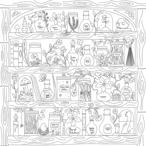 Schwarz-weiße Illustration eines Apothekerregals von Chrissy Lau mit Gläsern, Pflanzen, Büchern und Blumen.