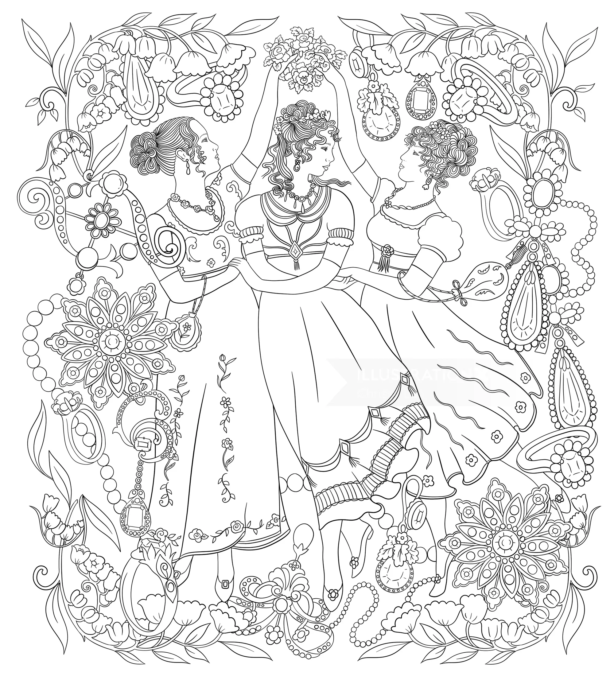 Chrissy Lau 插图，描绘了两位女性被华丽的花卉和植物图案环绕的场景