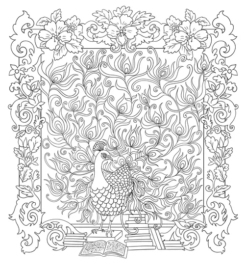 Chrissy Lau 插图：一只孔雀被鲜花和打开的书本环绕