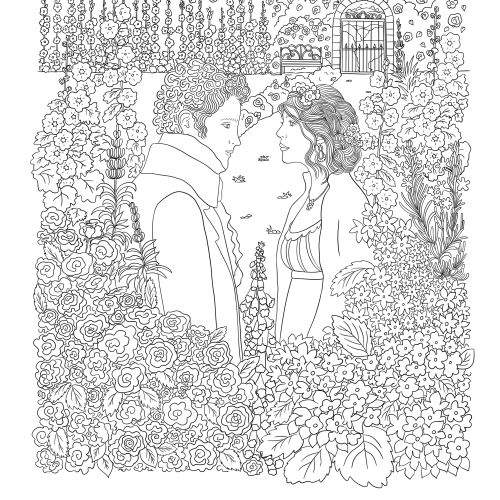 Chrissy Lau illustration of a couple embracing in a flower-filled garden