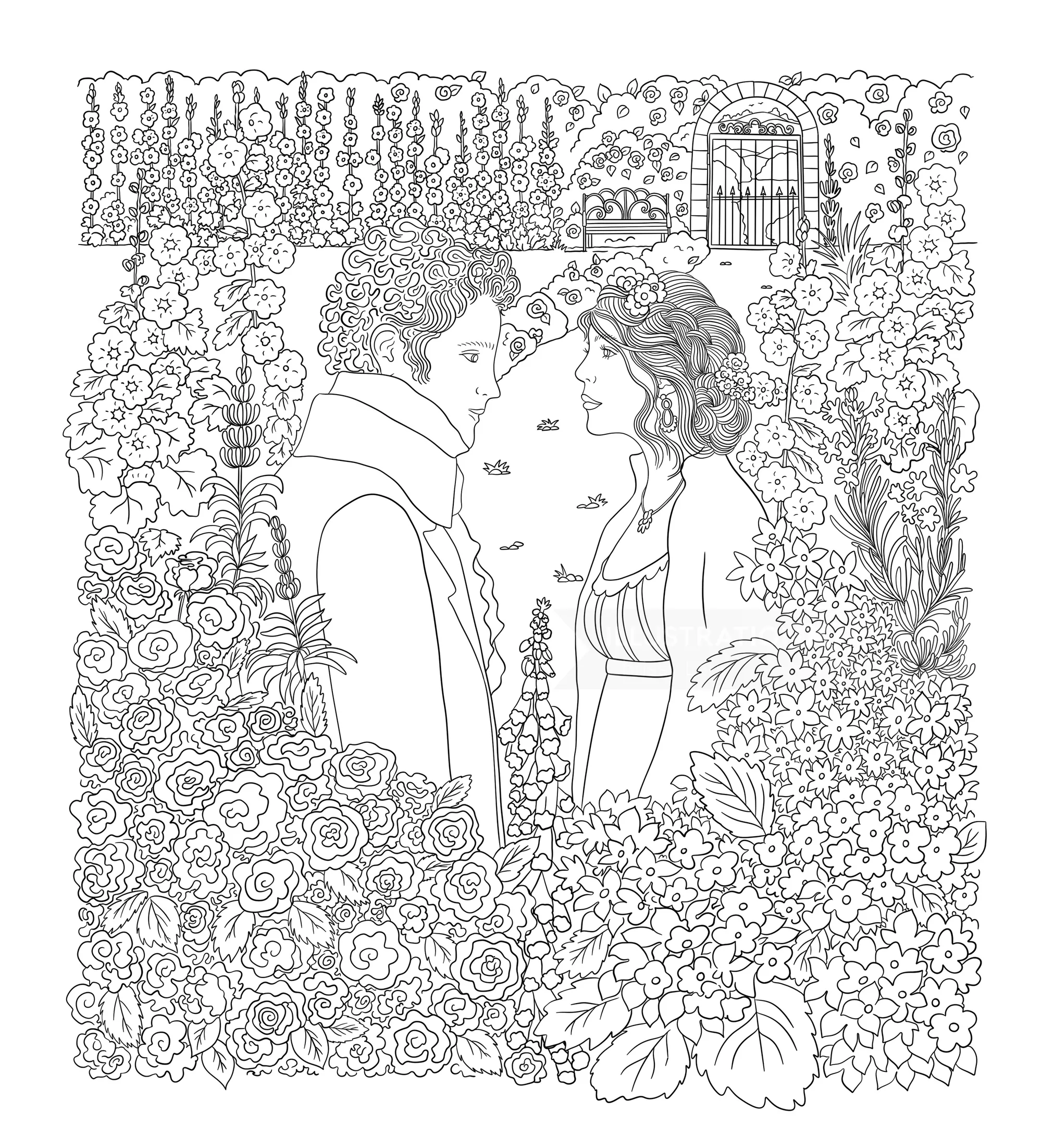 Chrissy Lau 插图：一对情侣在鲜花盛开的花园中拥抱