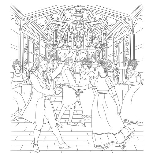 Line-art dancers in an ornate hall by Chrissy Lau
