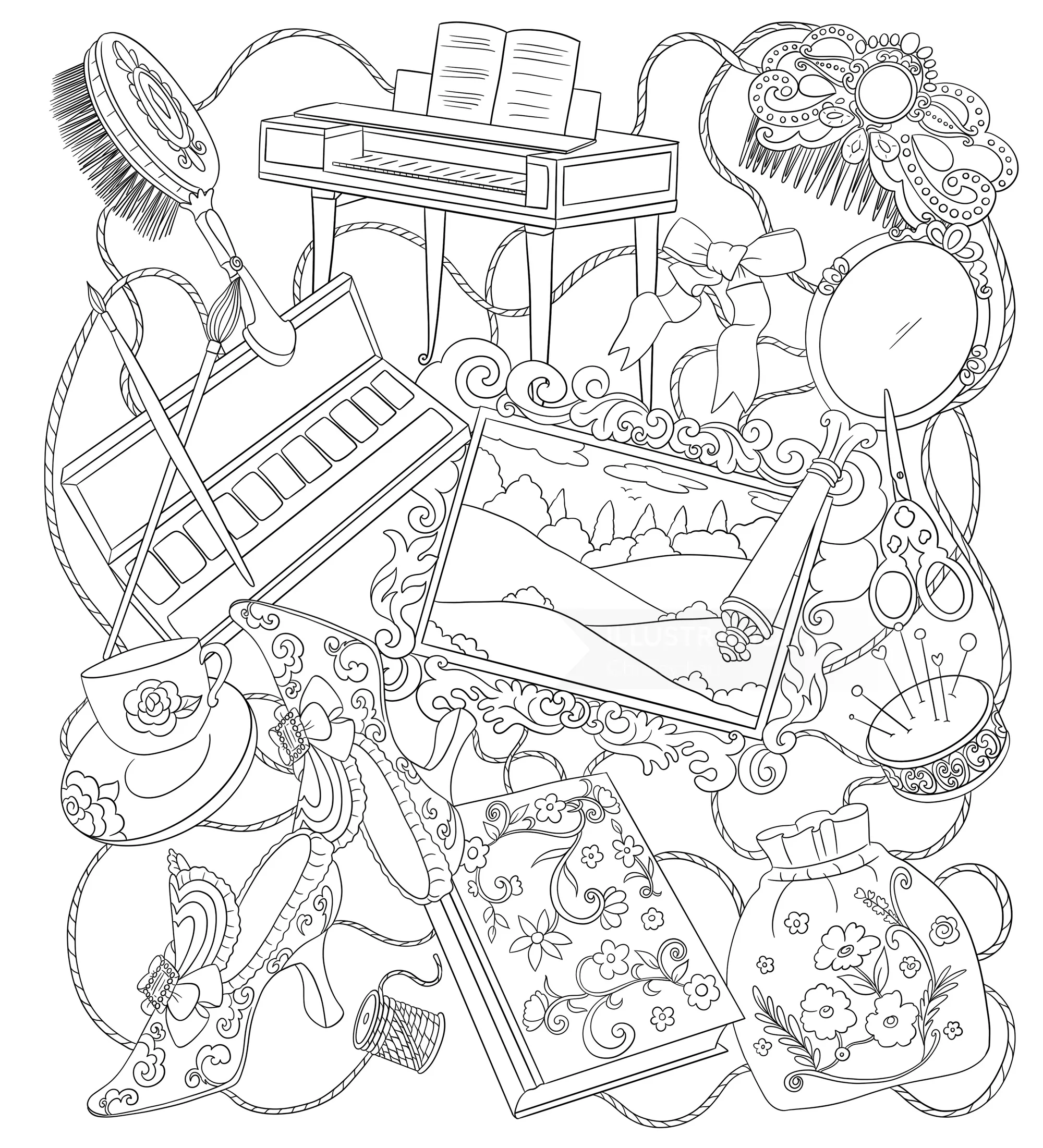 由Chrissy Lau创作的异想天开的静物着色插图，描绘了书籍和花卉。