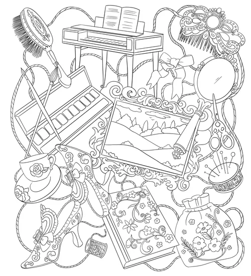 由Chrissy Lau创作的异想天开的静物着色插图，描绘了书籍和花卉。