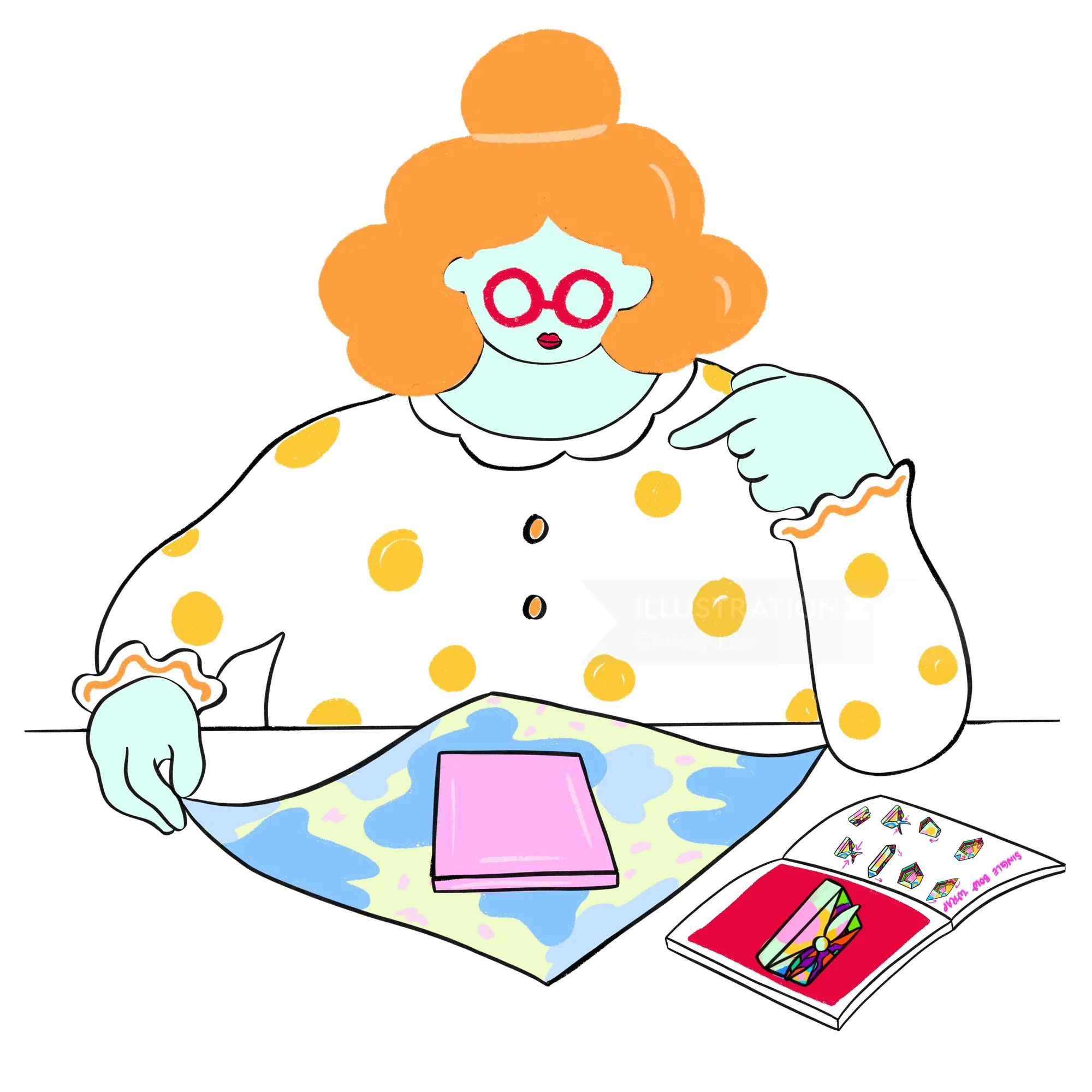 插图由Chrissy Lau绘制，描绘了一位女士在色彩鲜艳的桌子旁阅读。