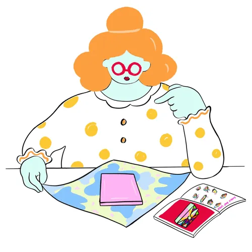 插图由Chrissy Lau绘制，描绘了一位女士在色彩鲜艳的桌子旁阅读。