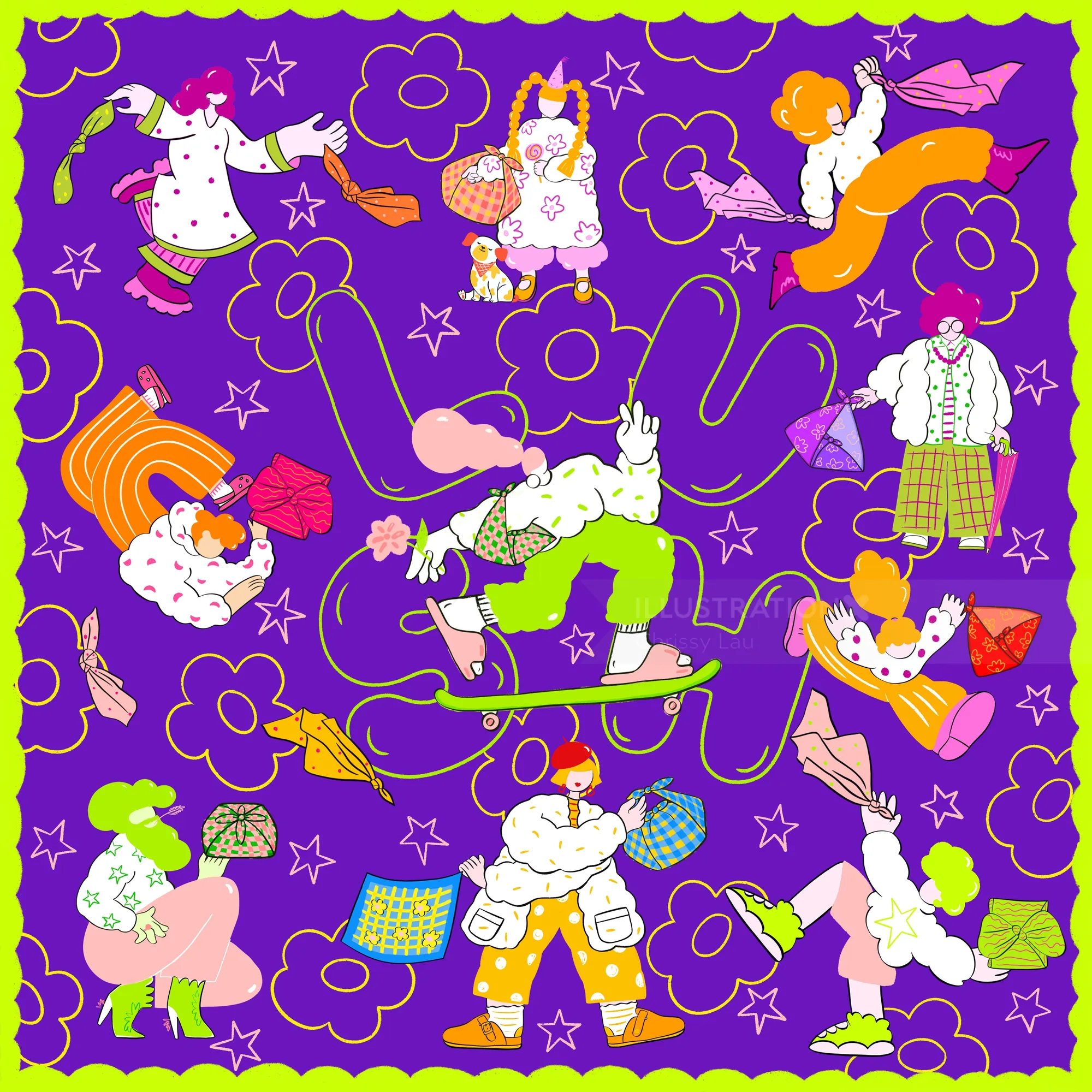 由Chrissy Lau创作的异想天开的紫色图案插画，配以色彩缤纷的人物和花朵。