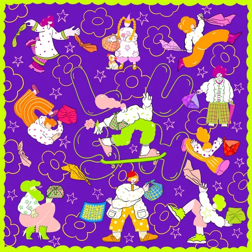 由Chrissy Lau创作的异想天开的紫色图案插画，配以色彩缤纷的人物和花朵。