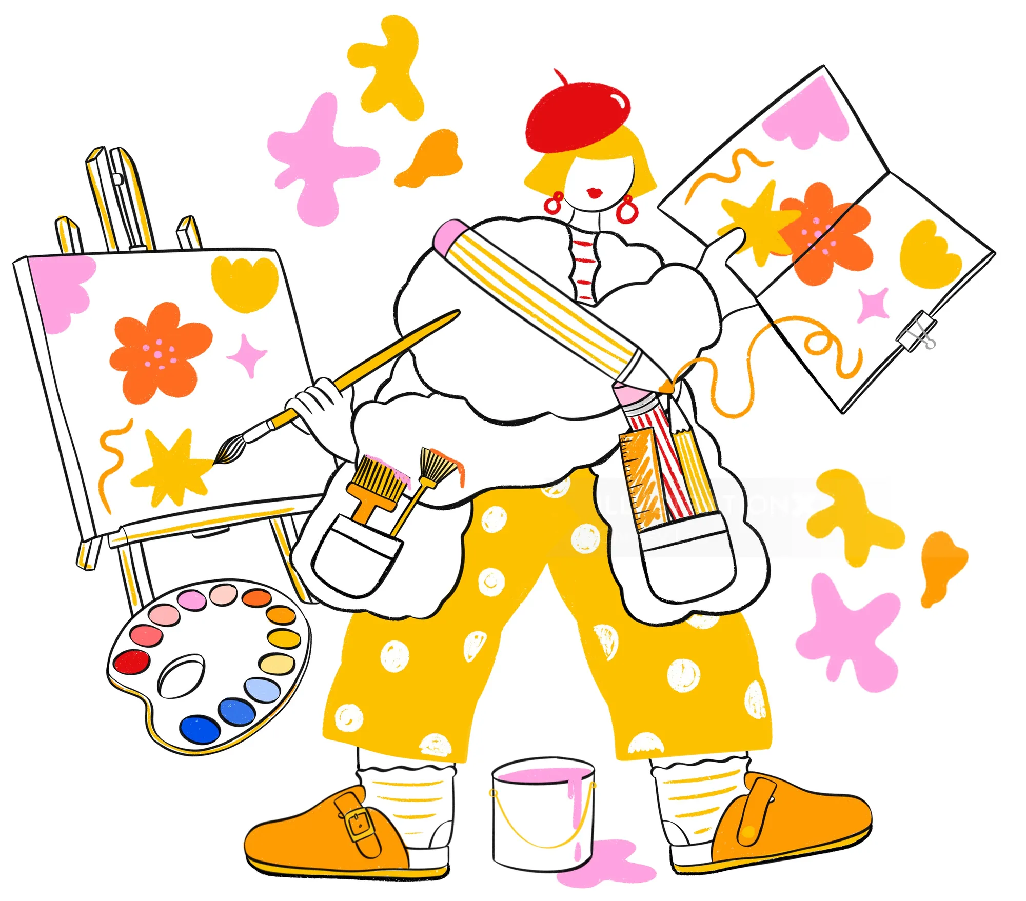 Chrissy Lau 创作的色彩鲜艳的画家插图，画面中包含画布、画笔、调色板和颜料罐。