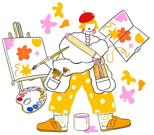 Chrissy Lau 创作的色彩鲜艳的画家插图，画面中包含画布、画笔、调色板和颜料罐。