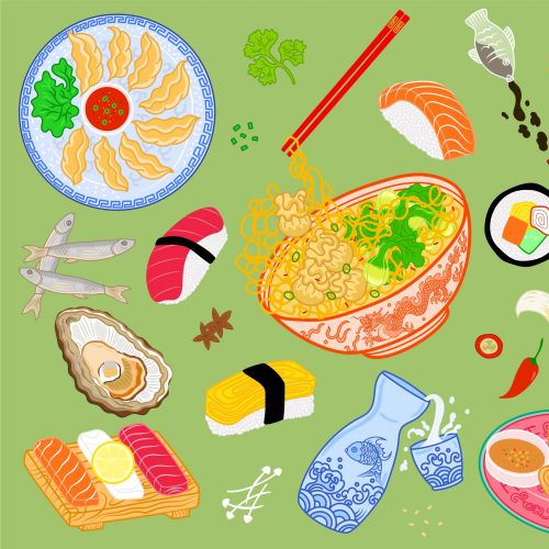Illustration einer Lebensmittelcollage von Chrissy Lau mit Sushi, Nudeln, Meeresfrüchten und Gemüse