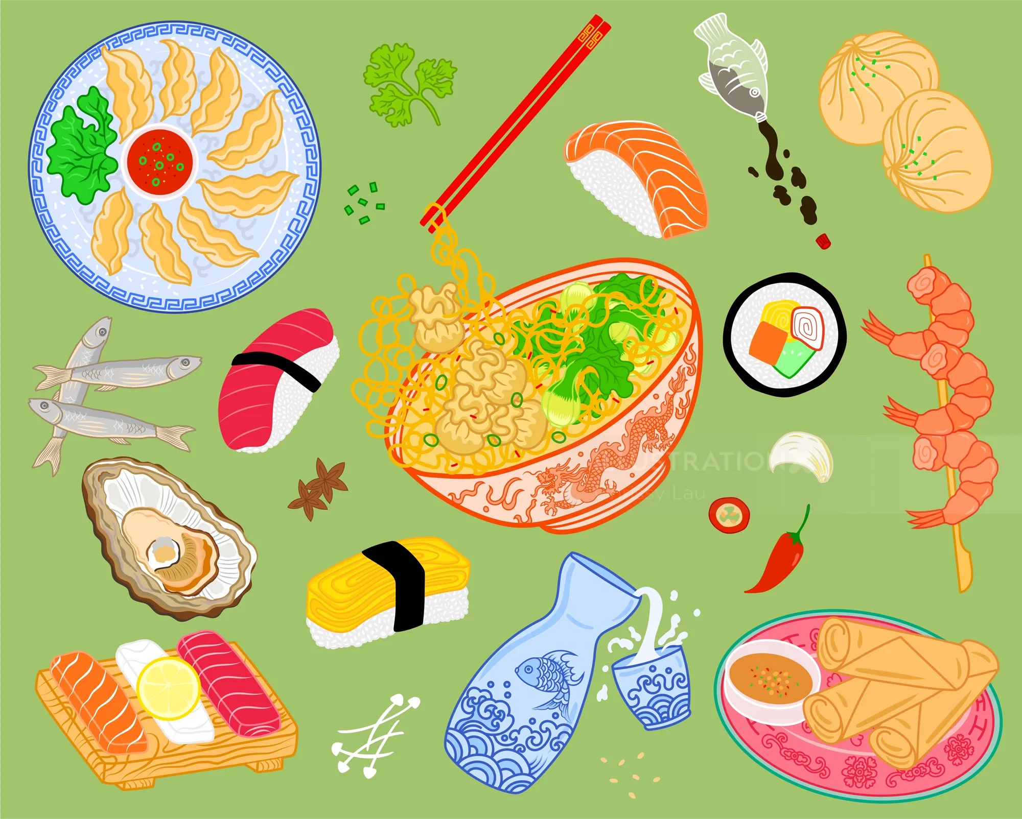 寿司、麺類、シーフード、野菜をフィーチャーした、Chrissy Lauによるフードコラージュイラスト。