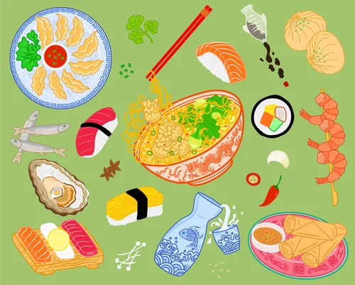 寿司、麺類、シーフード、野菜をフィーチャーした、Chrissy Lauによるフードコラージュイラスト。