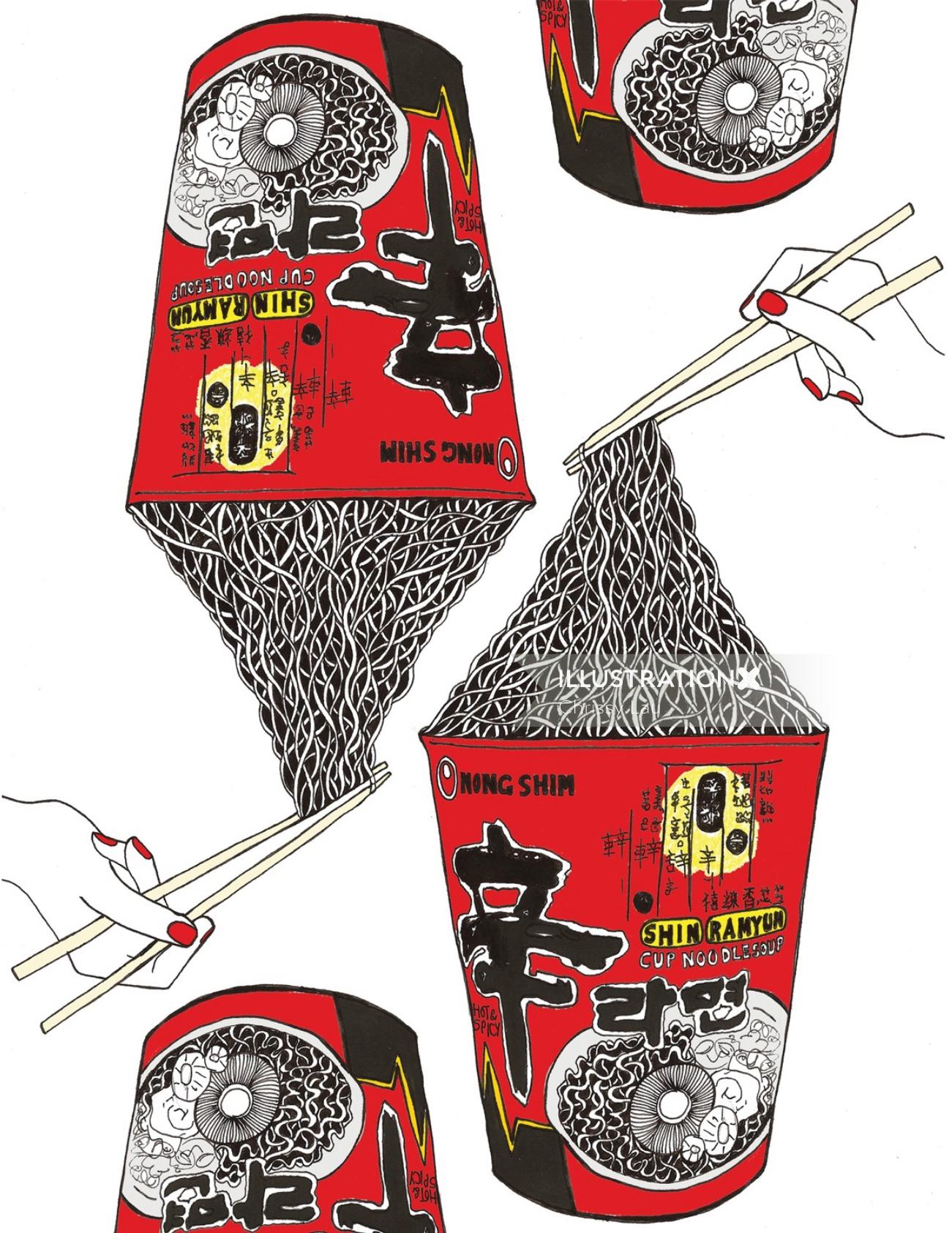 Cup noodles package artwork by Chrissy Lau
